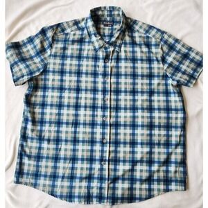 Eddie Bauer Button Shirt Men Xl Short Sleeve Cool Blue Green Check Plaid Print